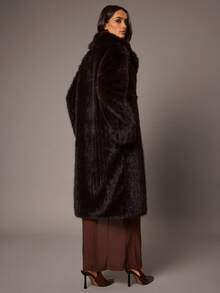 Silquee Women's Elegant Dark Brown Faux Fur Collar Long Fur Coat,Winter Luxury Solid Color Long Sleeve Fluffy Loose Fashion Design For Dinner Date Parties - Brown - View 3