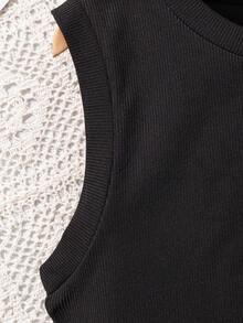 SHEIN Tween Girls' Black Denim Vest & Knitted Dress Two Pieces Set With A Bag