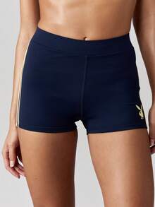 Missguided x Playboy Active High Rise Cycling Shorts Compression Athletic Gym Workout Fitness Running Exercise Training Bottoms With Logo Print Side Stripes - Blue - View 5