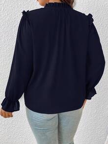 SHEIN Frenchy 大码女式纯色立领长袖荷叶边网眼拼接宽松时尚百搭优雅衬衫 - 藏蓝色 - 查看 2