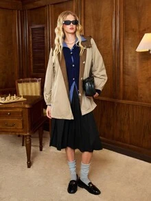 SHEIN Unity Abrigo trench reversible con capucha de manga larga y peso ligero para mujer, ajuste regular con bolsillos, reversible en caqui y marrón, vintage, pieza esencial de otoño/invierno, elegante y moderna, estilo británico, adecuado para salidas diarias, deportes ligeros, viajes, aeropuerto - Gris - Ver 3