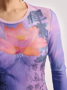 ROMWE Avant New Chinese Style Lotus Flower & Goldfish Calligraphy Text Sheer Blouse For Women - Multicolor - View 2