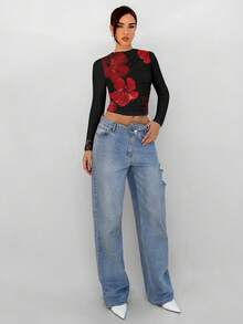 Aloruh Áo thun nữ cổ tròn tay dài họa tiết hoa đỏ phối màu thanh lịch, thích hợp mặc ngoài trời, thời trang thu đông - màu đen - Xem 3