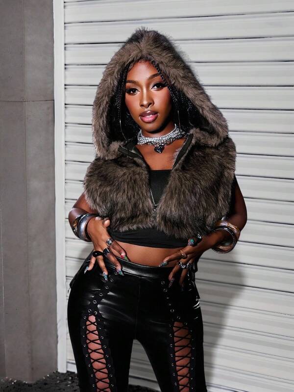 BamGleam Sexy Hooded Zipper Side Tie-Up Dual-Tone Faux Fur Composite Jacket
