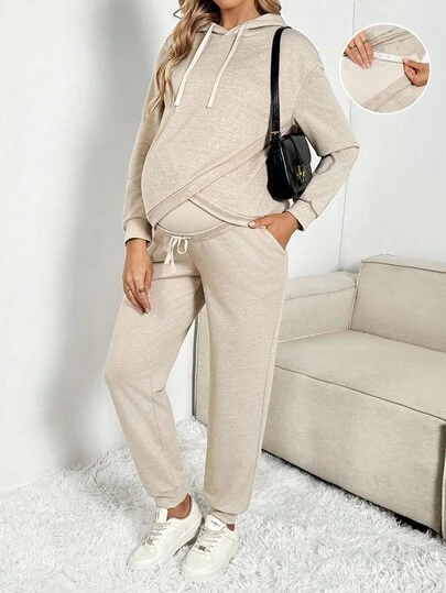 SHEIN Ropa de otoño, ropa de otoño, ropa de maternidad de otoño/invierno, ropa de maternidad casual de 2 piezas, conjunto de top de manga larga holgado y pantalones, conjuntos de salón para mujer, conjunto de 2 piezas, conjunto cómodo de mujer de 2 piezas, pantalones, conjuntos de 2 piezas, ropa de maternidad casual de mujer, trajes de 2 piezas