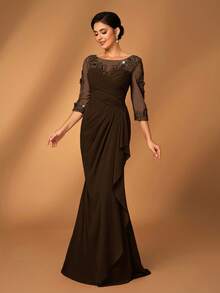 Serin 女士优雅雪纺面料圆领薄纱长袖褶皱亮片贴花装饰迷你鱼尾裙，适合新娘母亲婚礼、正式活动、音乐节、派对、情人节等场合。 - 棕色 - 查看 4