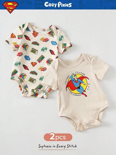 Cozy Pixies SUPERMAN X Cozy Pixies 2pcs Newborn Baby Girl Superhero Pattern Soft Knit Crew Neck Short Sleeve Romper Set Graphic Baby Clothes Baby Clothes Matching Baby Boy Clothes Summer Infant