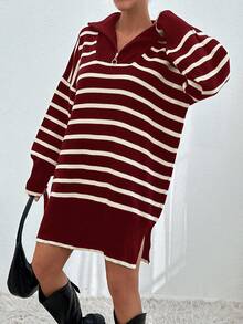EURMUSE Women Stiped Knit Design Knit Dress With Zipper Detail - Burgundy - View 4