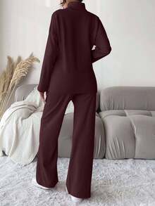 Cloudara 2pcs Women Solid Color Simple Everyday High-Neck Long-Sleeve Top And Trousers Set. - Coral Pink - View 2
