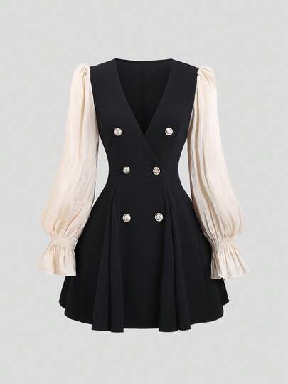 Sweetra New Neck Preppy Chic Flared Line Puff Sleeve Mini Dress, Dress