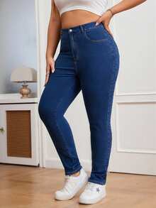 SHEIN ICON Plus Size Solid Color Skinny Jeans With Pockets - Dark Wash - View 4