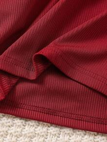 SHEIN Elladie kids Young Girls Striped & Polka Dot Flocked Mesh Puff Sleeve Long Sleeve T-Shirt, Autumn - Burgundy - View 4