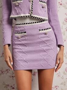 Enchnt Women's Purple Pearl Buttons Color Block Fitted Knit Skirt,Soft Summer Colour Palette,Autumn,Elegant,School,Back-To-School,Sweet&Elegant For Party - Purple - View 4