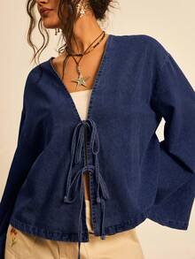 Freevana Áo sơ mi tay loe rộng rãi buộc dây phía trước cỡ lớn, mùa thu - Màu xanh hải quân - Xem 5