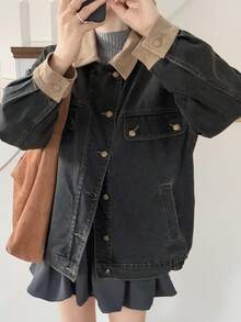 FRIFUL 女式撞色翻领宽松休闲百搭牛仔夹克和外套 - 深灰色 - 查看 4