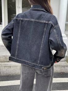 Livesso Jaket Denim Wanita Kasual Longgar Kancing Tunggal dengan Saku, Musim Gugur - Grey - View 2