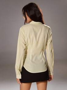 TRNVIE Women's Spring & Summer Long Sleeve Blue Stripe Waist Fitted Casual Blouse Women Shirt - Yellow - View 2