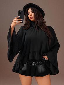 Rustia Plus Size Ruffle Trim Long Sleeve Blouse For Women, European And American Style - Black - View 6