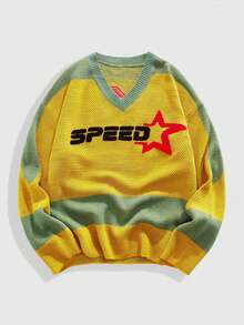 ROMWE MEN Prep Men's Contrast Color V-Neck Long Sleeve Knit Sweater, Fall Winter - Yellow - View 2