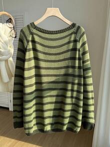Comfortcana Plus Size Plus Size Striped Raglan Sleeve Long Sleeve Casual Sweater, Autumn/Winter - Green - View 2