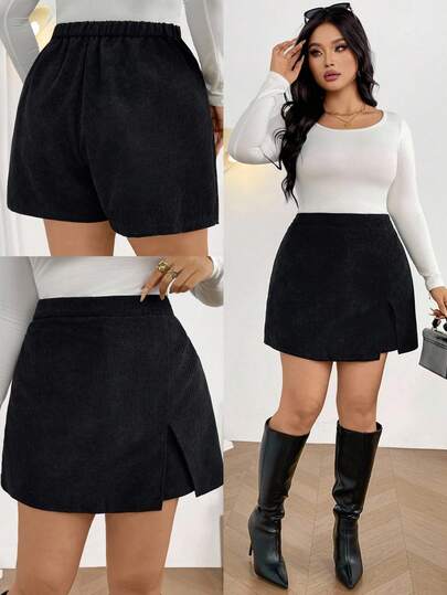 Firerie 大码女士休闲优雅简约罗纹条纹开衩短裤，百搭日常穿着，秋冬