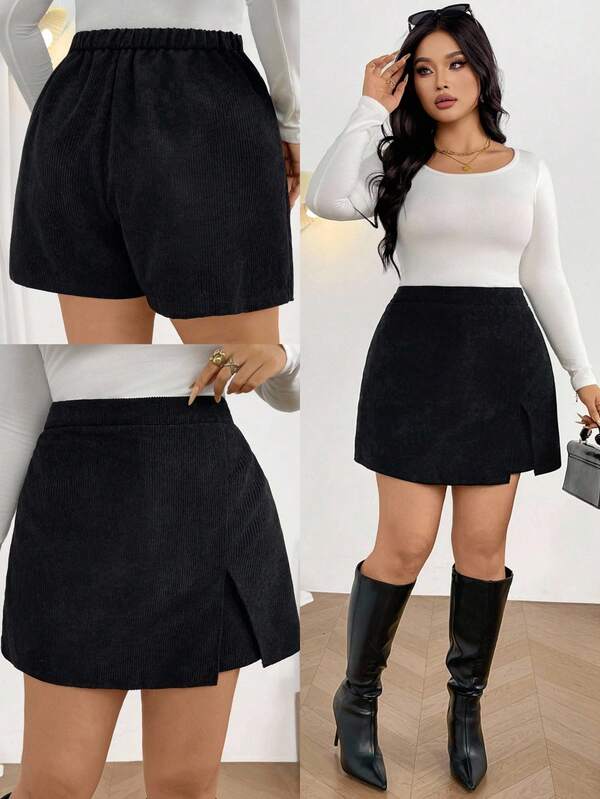 Firerie Plus Size Women Casual Elegant Simple Ribbed Stripe Shorts With Slit, Versatile For Daily Wear, Autumn/Winter