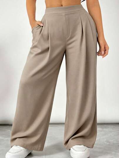 SHEIN VCAY Plus Size Women Casual Everyday Commute Simple Solid Color Slant Pocket Loose Wide Leg Pants