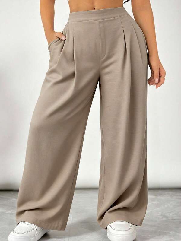SHEIN VCAY Plus Size Women Casual Everyday Commute Simple Solid Color Slant Pocket Loose Wide Leg Pants