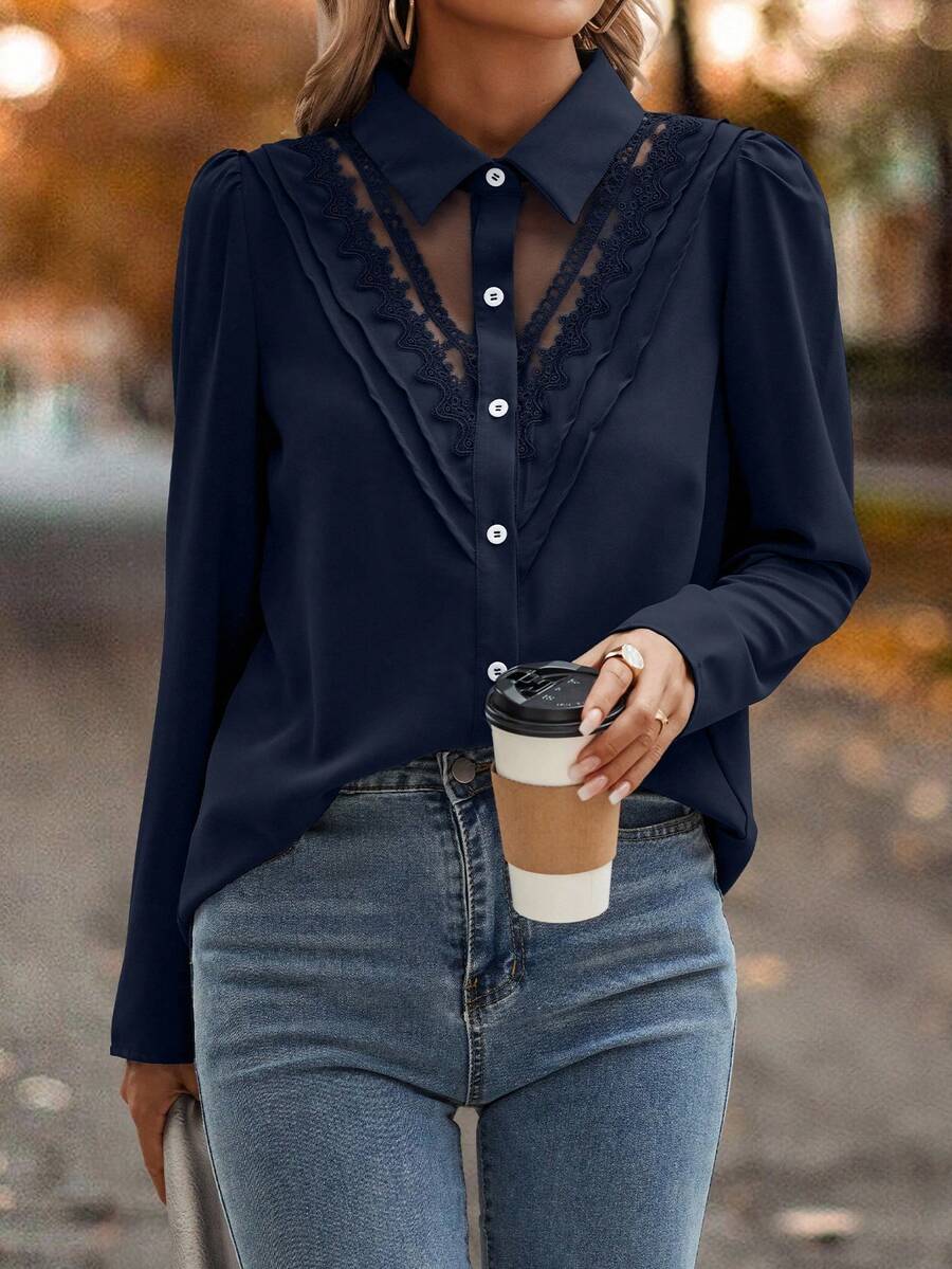 EMERY ROSE Contrast Lace Button Front Shirt Black Blouse For Women - Navy Blue - View 1