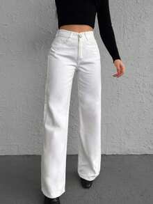 SHEIN Jean droit casual taille haute petite taille - Blanc - Voir 4