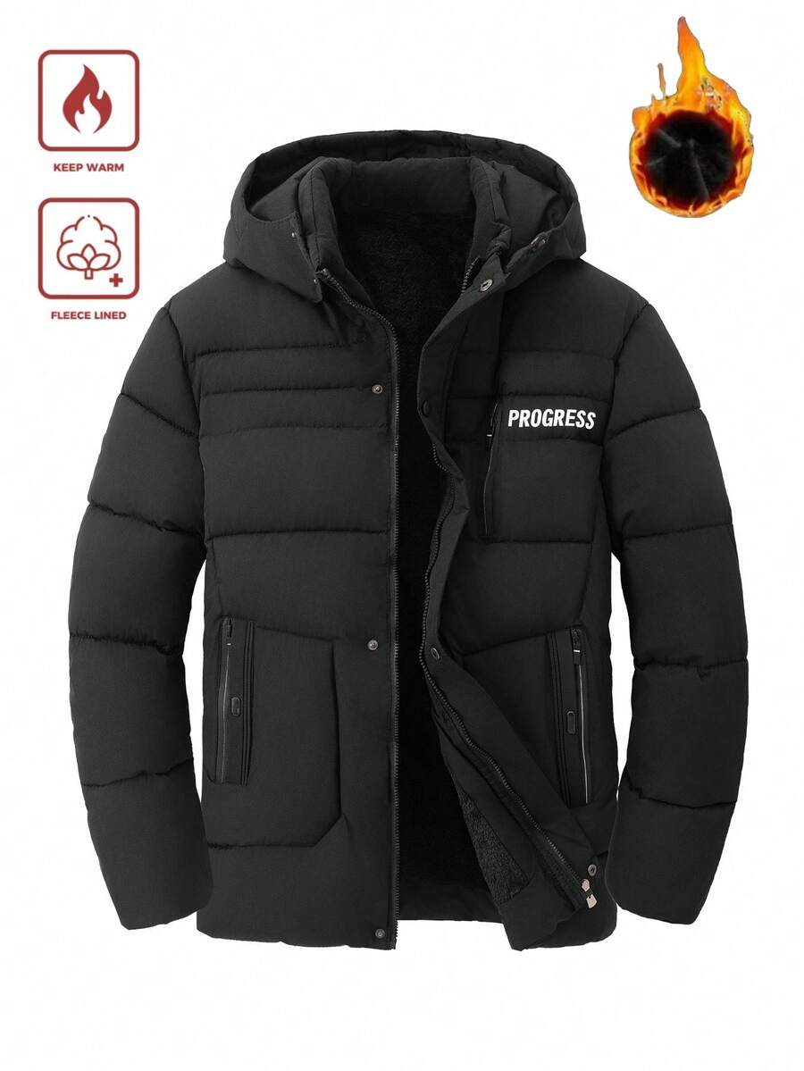 Manfinity Homme Áo khoác nam cỡ lớn có mũ, lót bông, thích hợp cho mùa Thu/Đông. - màu đen - Xem 1
