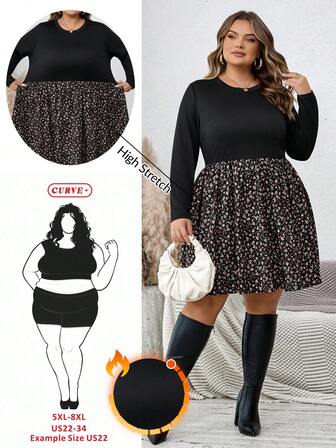 SHEIN CURVE+ Plus Size Women Thanksgiving Elegant Fashionable Patchwork Ditsy Floral A-Line Skirt, Suitable For Commuting