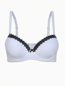 SHEIN 1pc Plus Size Women Contrast Lace Striped Wireless Adjustable Bra, Lift - Black and White - View 8