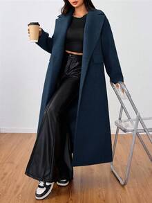 SHEIN Unity Casual Lapel Long Overcoat - Navy Blue - View 4