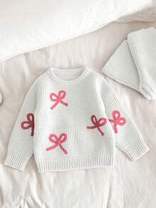SHEIN Vintaside Kids 全新时尚百搭可爱休闲蝴蝶结针织毛衣套装，适合女婴 - 白色 - 查看 4