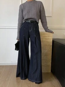 Livesso 女士宽松商务休闲复古水洗设计褶缝撞色拼色阔腿牛仔裤，适合秋季、冬季和春季 - 深色水洗藍 - 查看 5