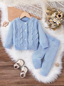 2pcs Baby Boy Knit Sweater Set, Cute Style Cable Knit Blue Cardigan Top Paired With Matching Jogger Pants, Smooth Texture, High Quality, Elastic, Suitable For Everyday Wear, Autumn/Winter Fall