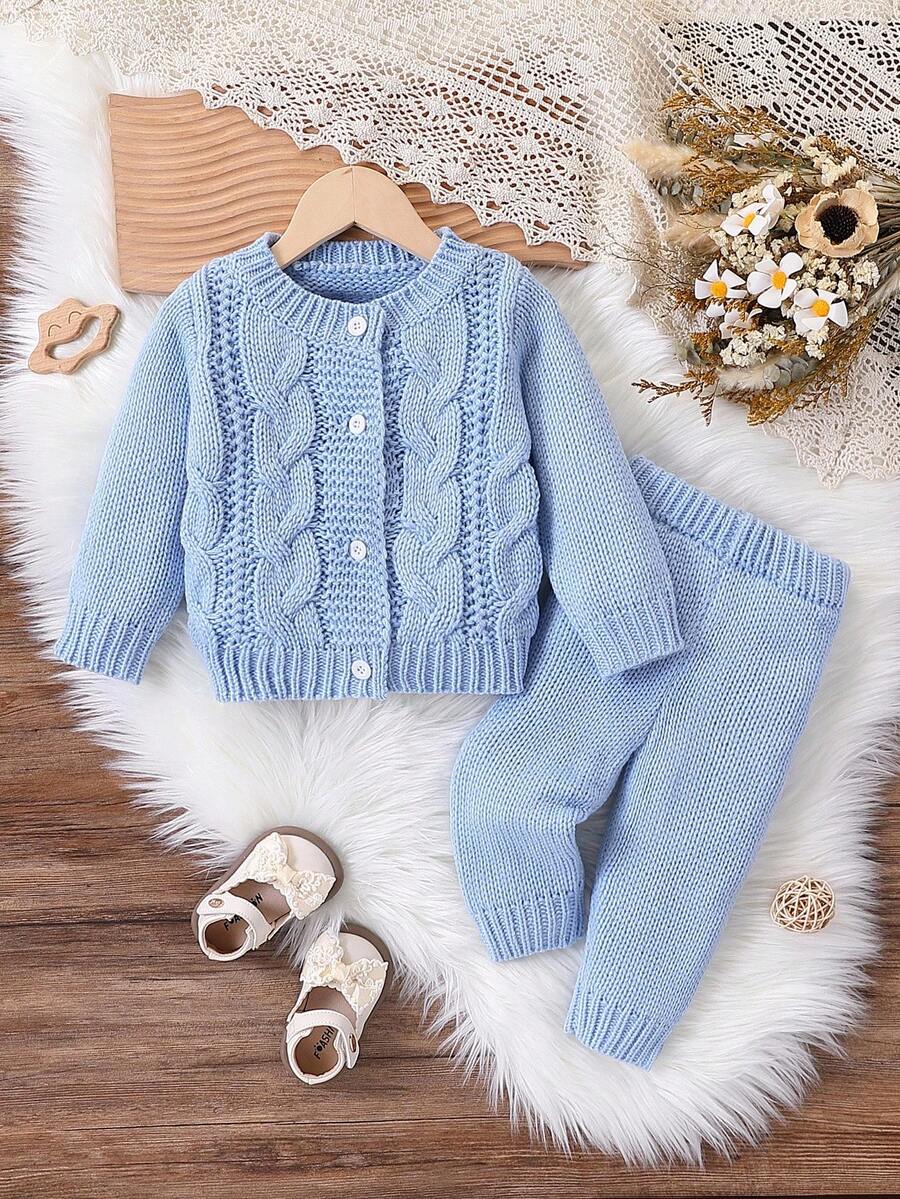 2pcs Baby Boy Knit Sweater Set, Cute Style Cable Knit Blue Cardigan Top Paired With Matching Jogger Pants, Smooth Texture, High Quality, Elastic, Suitable For Everyday Wear, Autumn/Winter Fall