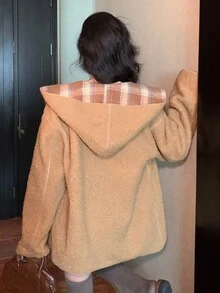 DAZY 女士宽松商务休闲通勤优雅双面仿羊羔绒夹克，格子撞色连帽卫衣，常规版型，秋冬女式外套 - 卡其色 - 查看 11