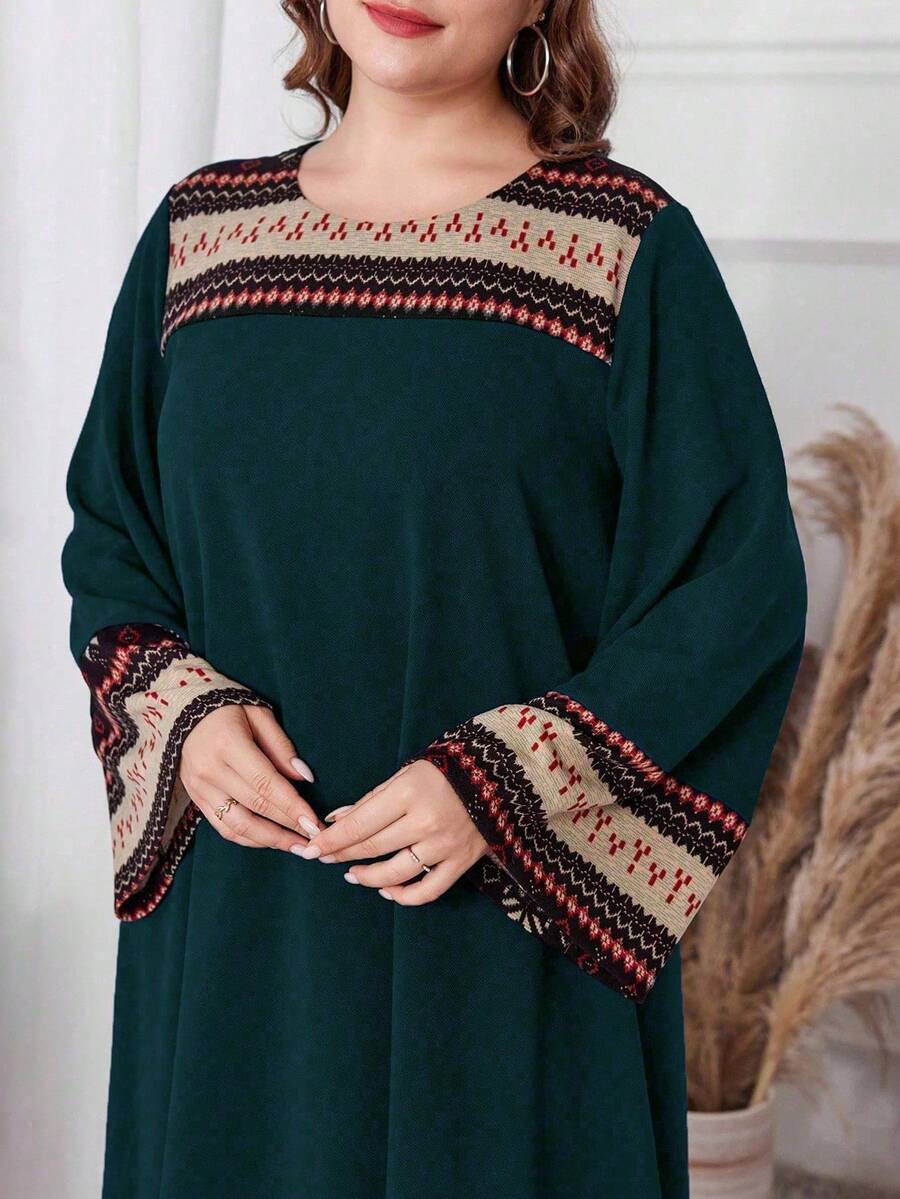 Al Najma 女式圆领拼布休闲大码连衣裙,端庄休闲束腰连衣裙,适合日常休闲/居家超长女装 - 彩色 - 查看 1