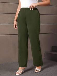 EMERY ROSE Plus Size Women's Casual Daily Black Long Pants With Pockets - Dark Green - View 3