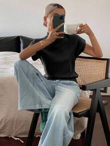 Livesso Women's Solid Color Minimalist Daily Wear Half-Turtleneck Short Sleeve Knit Top - Black - View 5