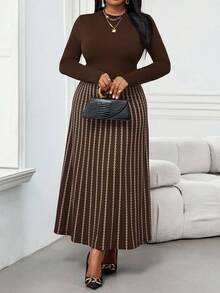 SHEIN Lady 秋冬优雅通勤办公室彩色棕色针织立领喇叭中长袖大码连衣裙冬季女装感恩节女装冬季服装长袖连衣裙冬季冬装冬装女士冬装冬装冬装女士冬装冬装女士休闲连衣裙女士休闲装女士休闲连衣裙 - 摩卡棕 - 查看 6