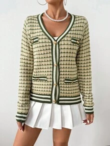 Elenzga Áo khoác cardigan kẻ sọc tương phản thanh lịch dành cho nữ, họa tiết phong cách học thuật, thu/đông - màu xanh lá - Xem 5