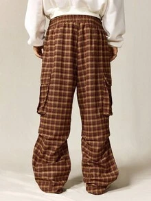 ROMWE MEN Street Life Men's Prep Casual Drawstring Waist Pockets Plaid Print Pants, For Fall - smoke gray - View 4