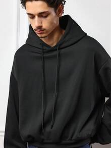 SUMWON Sudadera con capucha minimalista y casual de ajuste boxy para uso diario, con cordón y bolsillo central, prenda básica esencial de streetwear para otoño e invierno - Negro - View 3