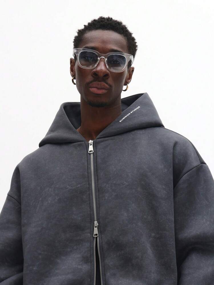 Washed Effect Full Zip Hoodie With Drawstring And Centre Pocket