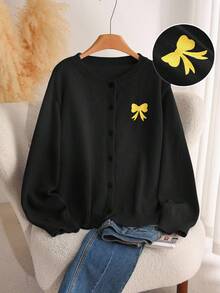 CosyJoli Plus Size Women Embroidered Bow Knitted Casual Cardigan, Autumn/Winter - Black - View 2