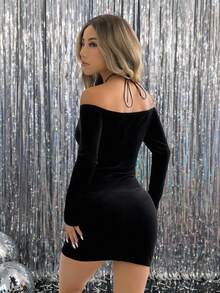 SHEIN EZwear 女士天鹅绒露肩紧身连衣裙，纯色 - 黑色 - 查看 2