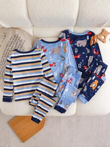 Conjunto de 6 piezas de pijama de manga larga con estampado de rayas de oso y zorro, cómodo y de alta elasticidad para niños pequeños, para otoño/invierno